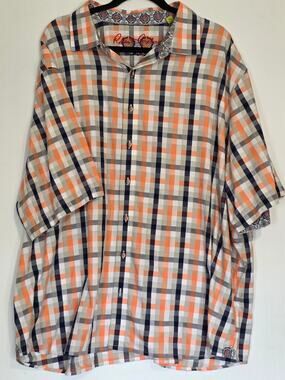 Robert Graham Men's Plaid Button-Down Shirt  3XL Orange Navy Contrasting Cuffs
